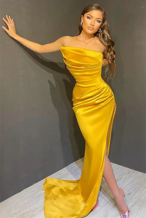 Gorgeous Pleated Strapless Mermaid Yellow Evening Dress Split Long-BallBride