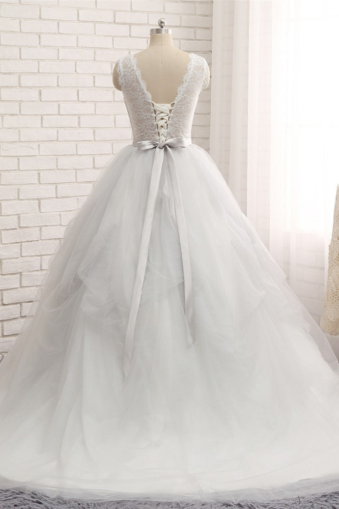 Gorgeous Princess Jewel Long Wedding Dress With Tulle Lace-BallBride