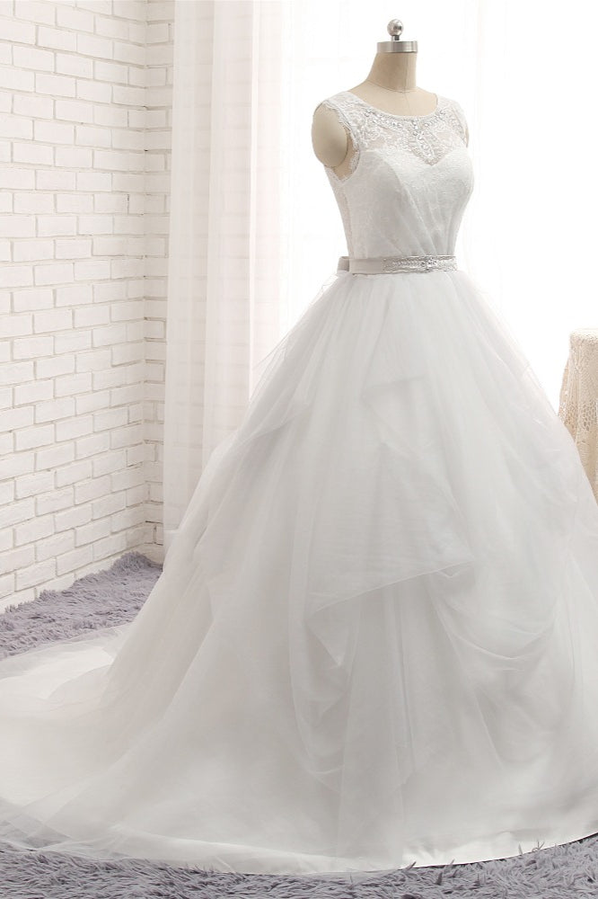 Gorgeous Princess Jewel Long Wedding Dress With Tulle Lace-BallBride