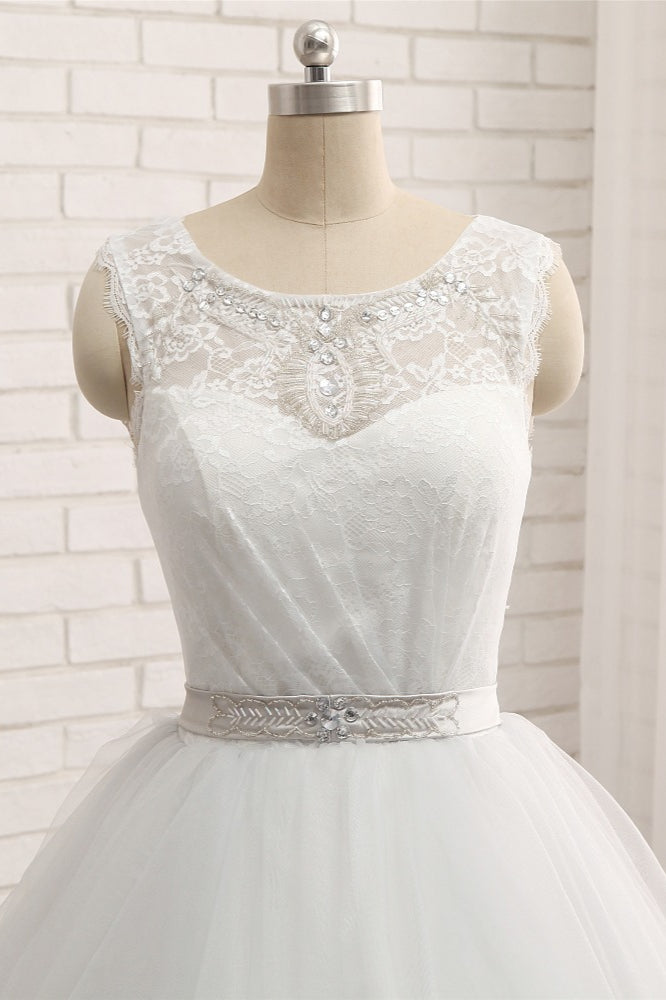 Gorgeous Princess Jewel Long Wedding Dress With Tulle Lace-BallBride