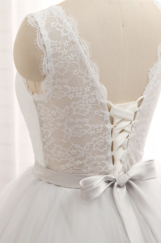 Gorgeous Princess Jewel Long Wedding Dress With Tulle Lace-BallBride