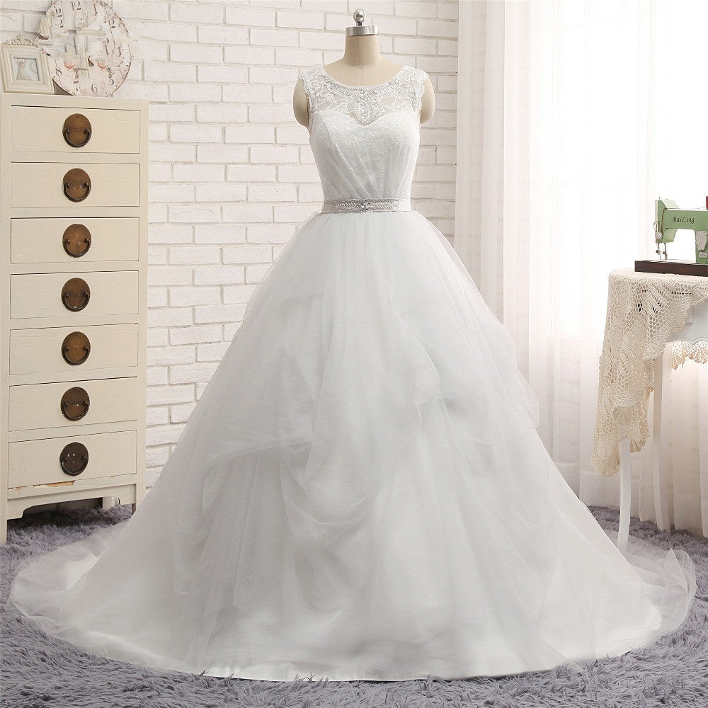 Gorgeous Princess Jewel Long Wedding Dress With Tulle Lace-BallBride