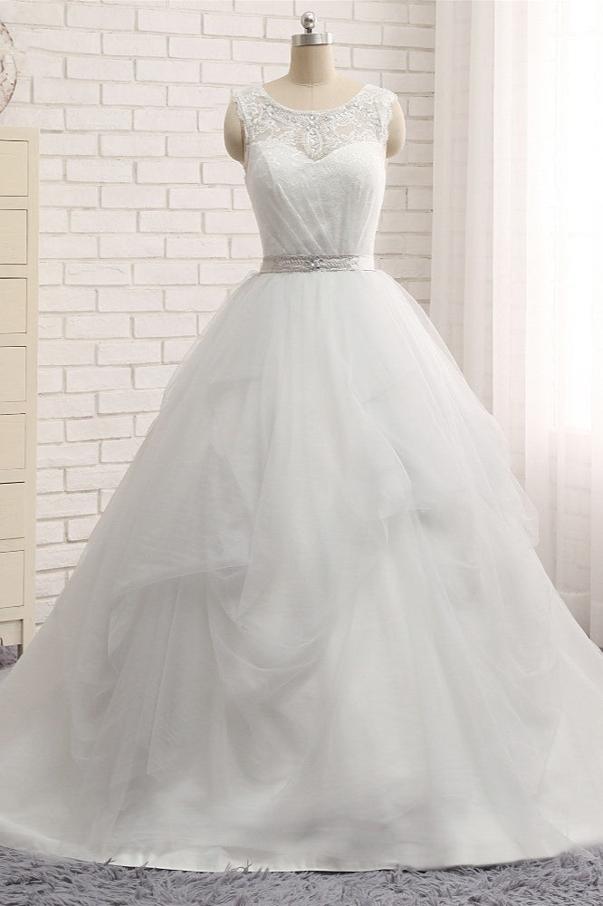 Gorgeous Princess Jewel Long Wedding Dress With Tulle Lace-BallBride