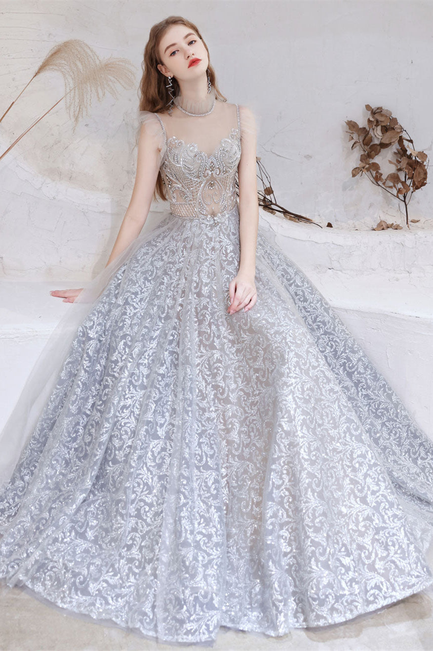 Gorgeous Princess Tulle Prom Dress with Lace Sheer Top and Beads-BallBride