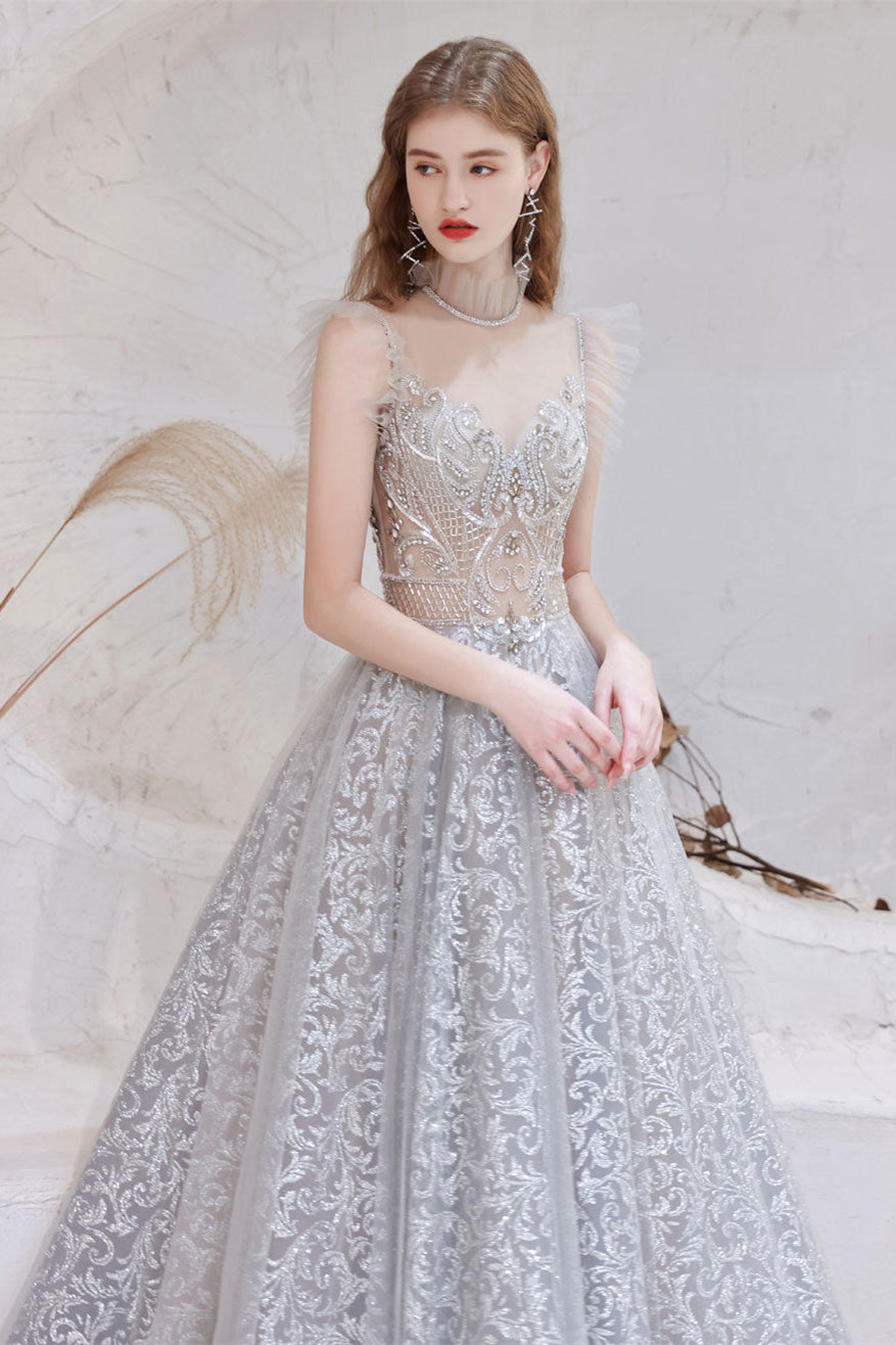 Gorgeous Princess Tulle Prom Dress with Lace Sheer Top and Beads-BallBride