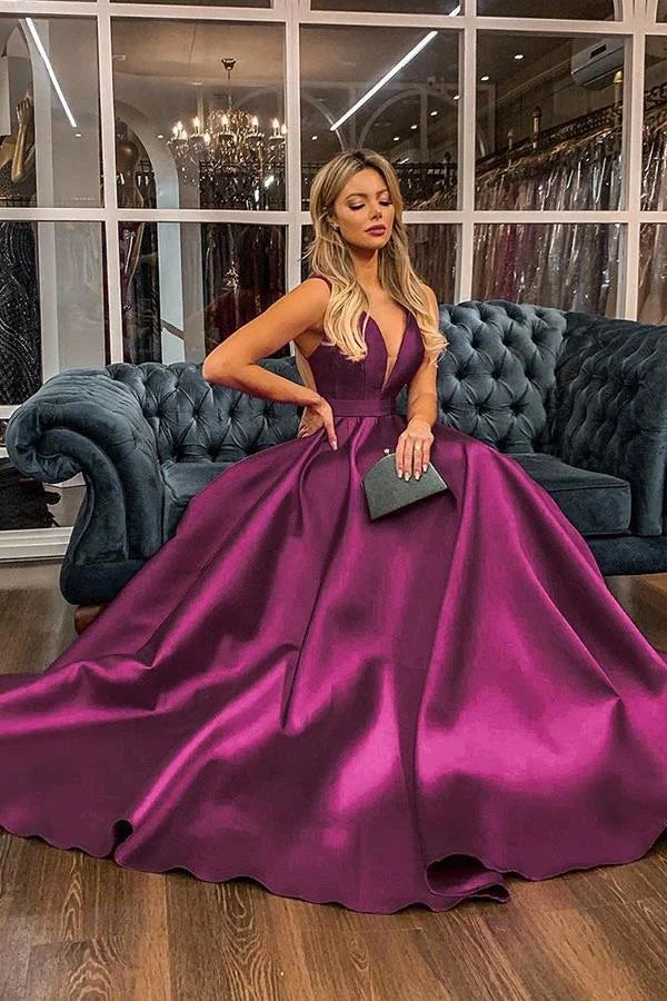 Gorgeous Purple V-Neck Sleeveless Long Evening Dress-BallBride