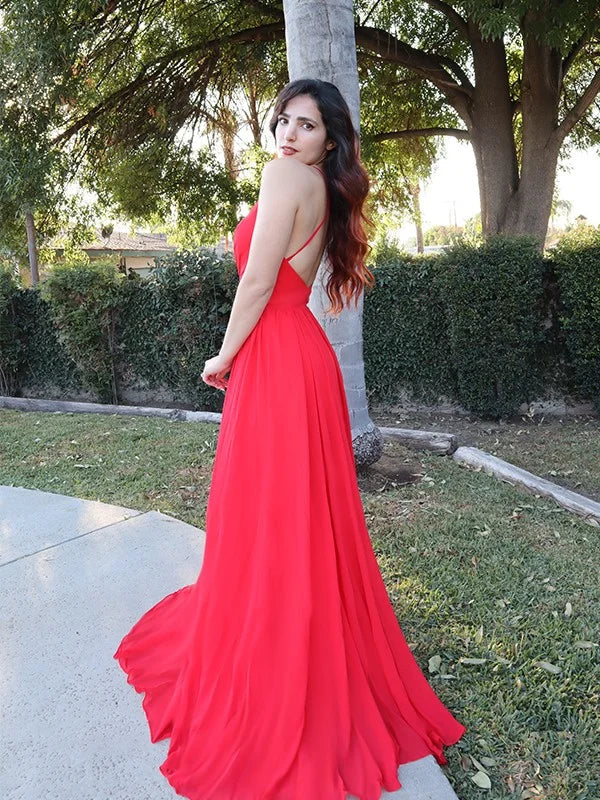 Gorgeous Red Halter V-Neck Evening Dress Long Sleeveless-BallBride