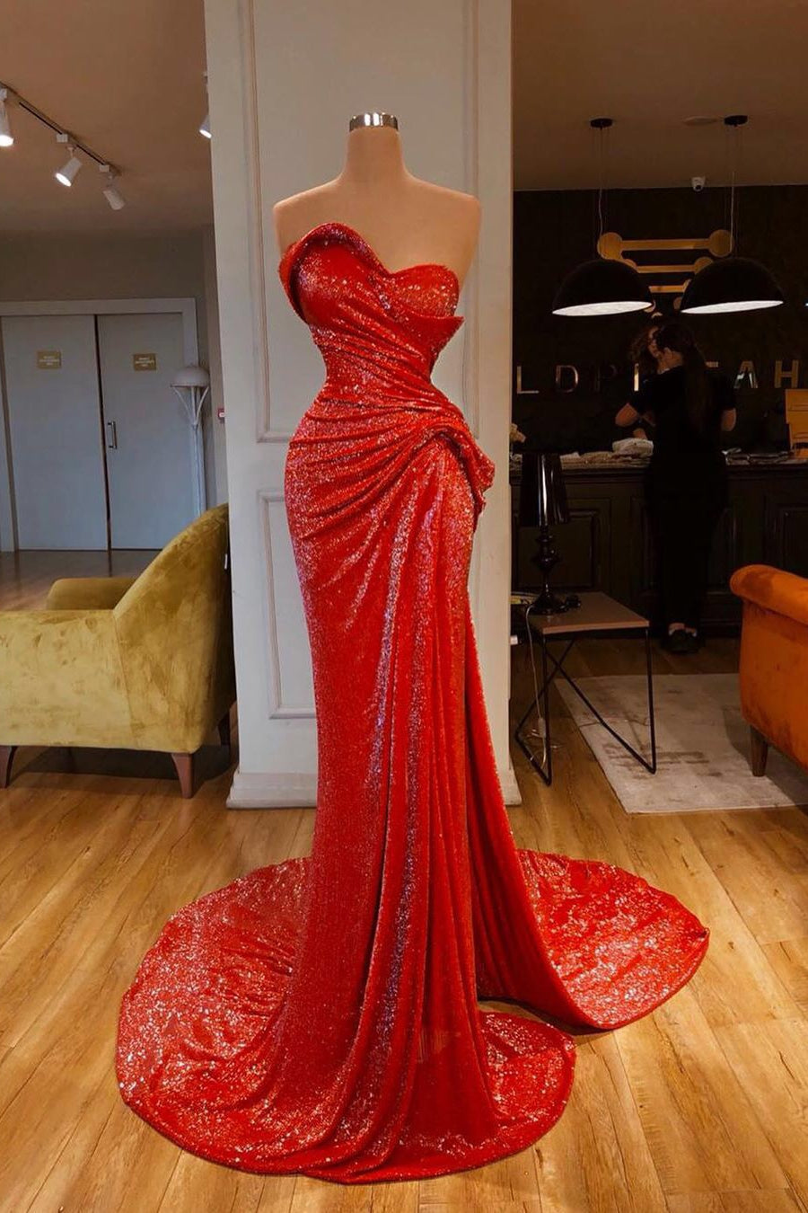 Gorgeous Red Sequins Mermaid Prom Dress Long Strapless-BallBride