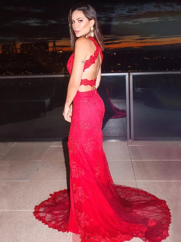Gorgeous Red Sleeveless Mermaid Evening Dress Lace Appliques With Split-BallBride