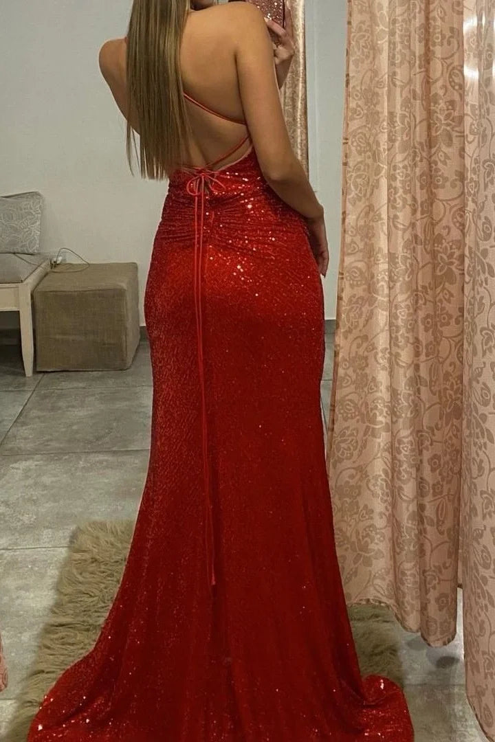 Gorgeous Red Spaghetti-Straps Sequins Mermaid Evening Dress V-Neck With Split-BallBride