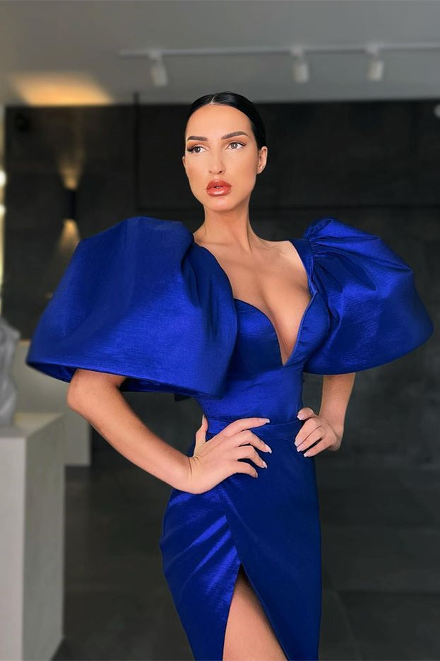 Gorgeous Royal Blue Mermaid Prom Dress with Puffy Sleeves and Slit-BallBride