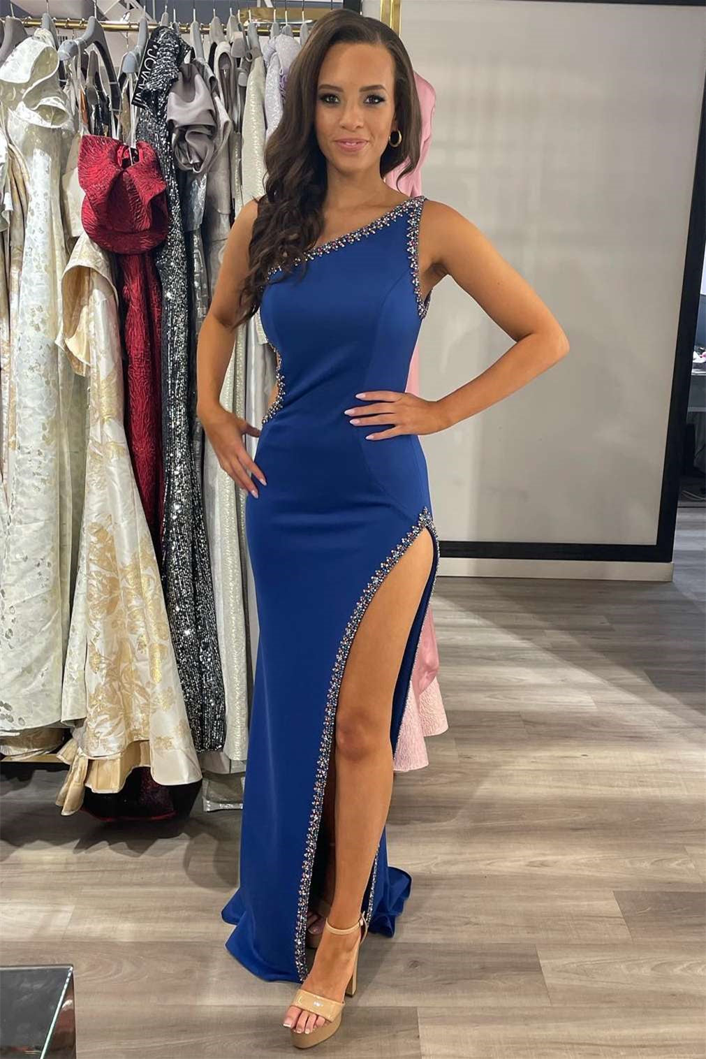 Gorgeous Royal Blue One-Shoulder Mermaid Prom Dress with Beads and High Split-BallBride
