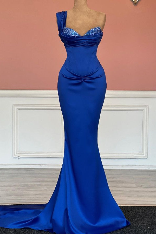 Gorgeous Royal Blue One-Shoulder Sweetheart Mermaid Prom Dress with Sequins-BallBride