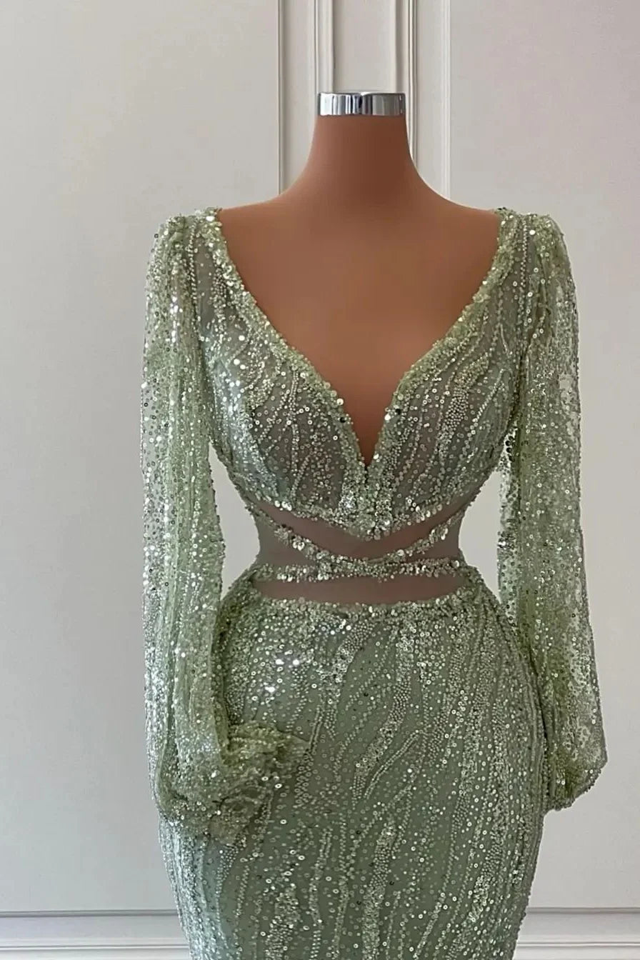 Gorgeous Sage Green Long Sleeves Evening Dresses Mermaid V-Neck With Beads-BallBride