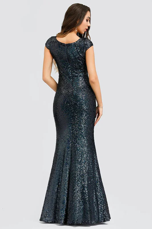 Gorgeous Sequins Cap Sleeve Prom Dresses Mermaid Long Evening Party Gowns-BallBride