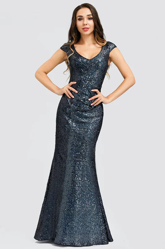 Gorgeous Sequins Cap Sleeve Prom Dresses Mermaid Long Evening Party Gowns-BallBride