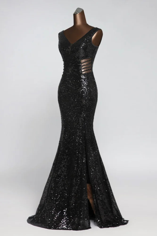 Gorgeous Sequins V-Neck Long Prom Dress Mermaid Evening Party Gowns With Slit-BallBride