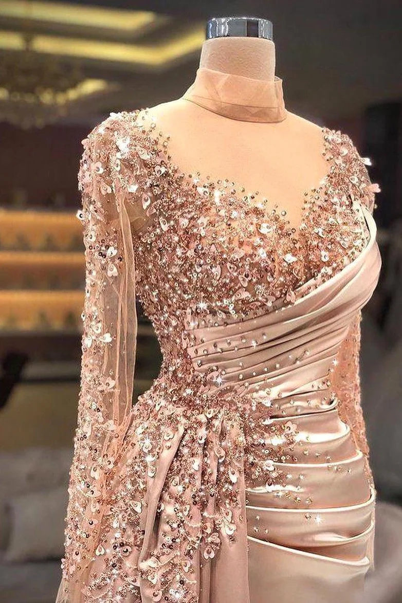 Gorgeous Sheer High Neck Evening Dress Mermaid Long Sleeves With Sequins Beads-BallBride