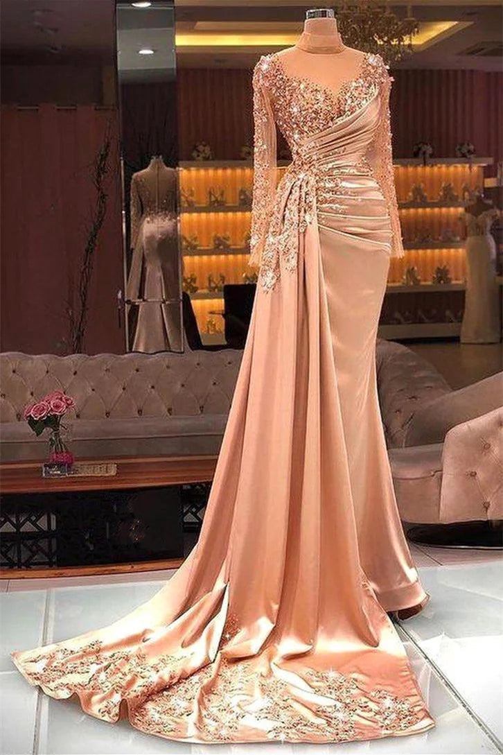 Gorgeous Sheer High Neck Evening Dress Mermaid Long Sleeves With Sequins Beads-BallBride