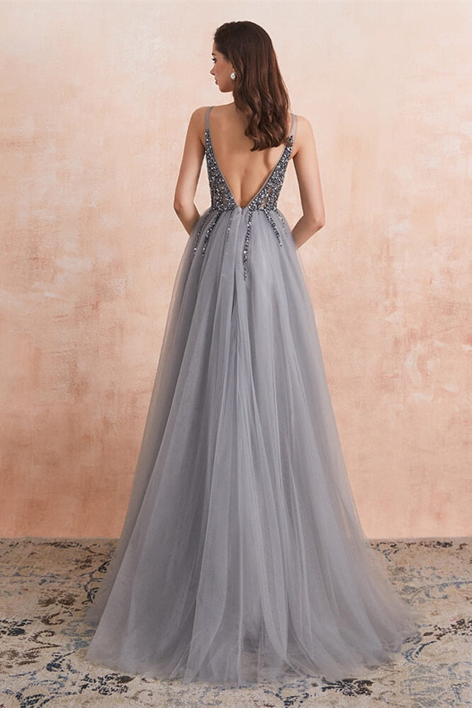 Gorgeous Silver Grey V-Neck Prom Dress with Tulle Split and Beads-BallBride