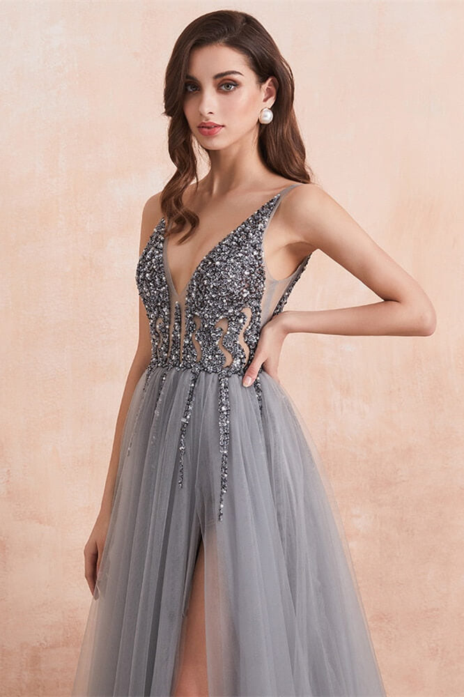 Gorgeous Silver Grey V-Neck Prom Dress with Tulle Split and Beads-BallBride