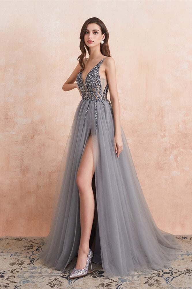 Gorgeous Silver Grey V-Neck Prom Dress with Tulle Split and Beads-BallBride