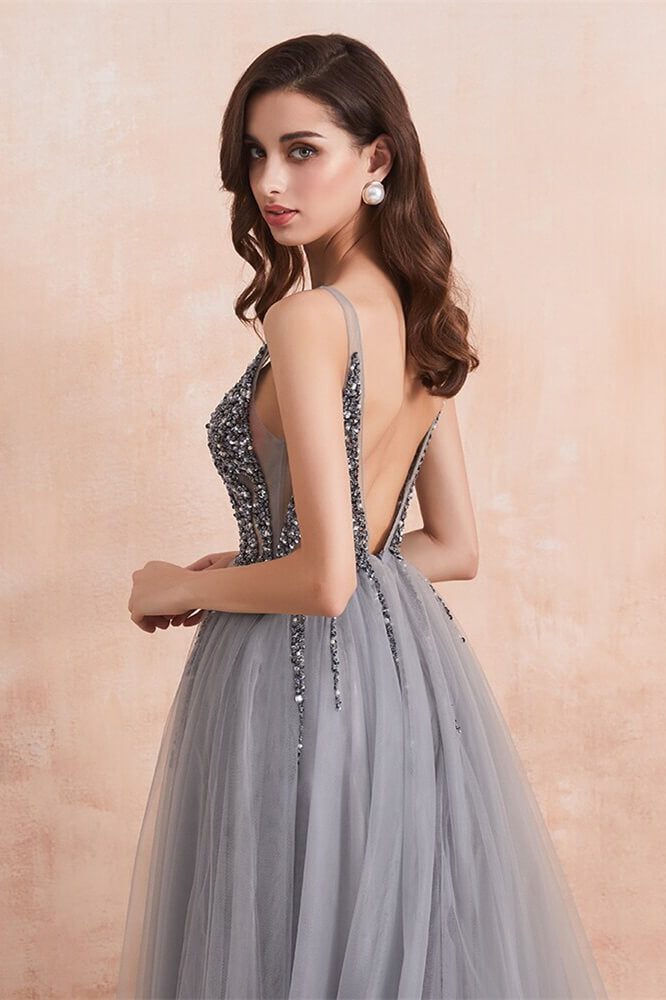 Gorgeous Silver Grey V-Neck Prom Dress with Tulle Split and Beads-BallBride
