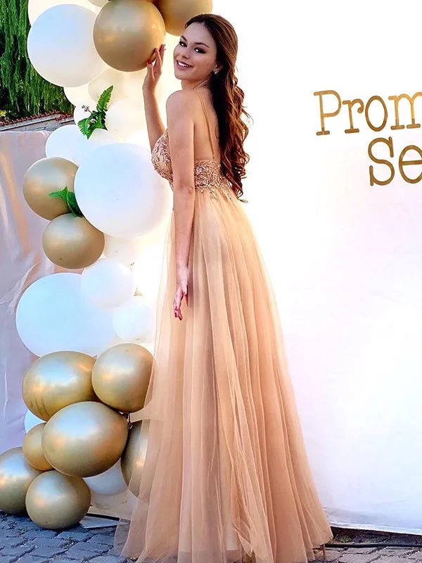 Gorgeous Spaghetti-Straps Appliques V-Neck Evening Dress Long-BallBride