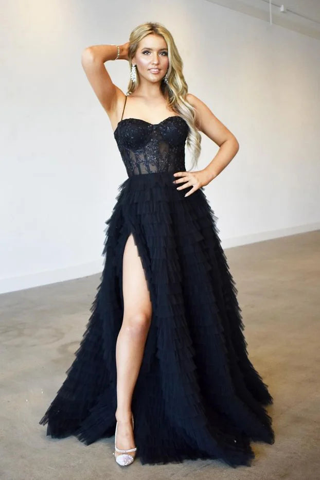 Gorgeous Spaghetti-Straps Black Evening Dress Split Tulle Layers With Appliques-BallBride