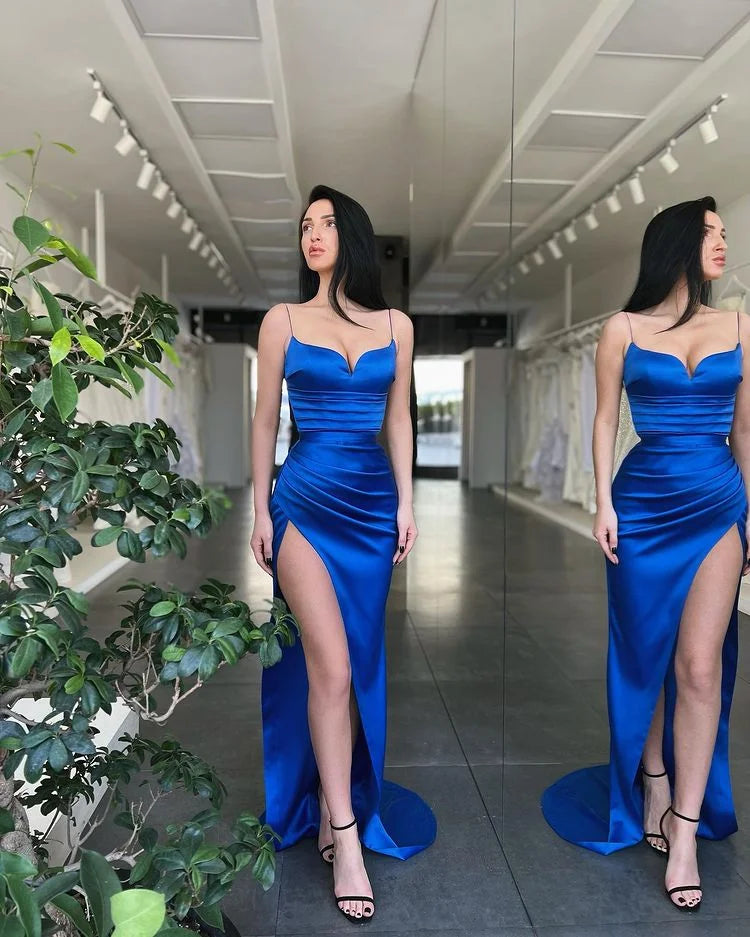 Gorgeous Spaghetti-Straps Royal Blue evening Dress Mermaid With Slit-BallBride