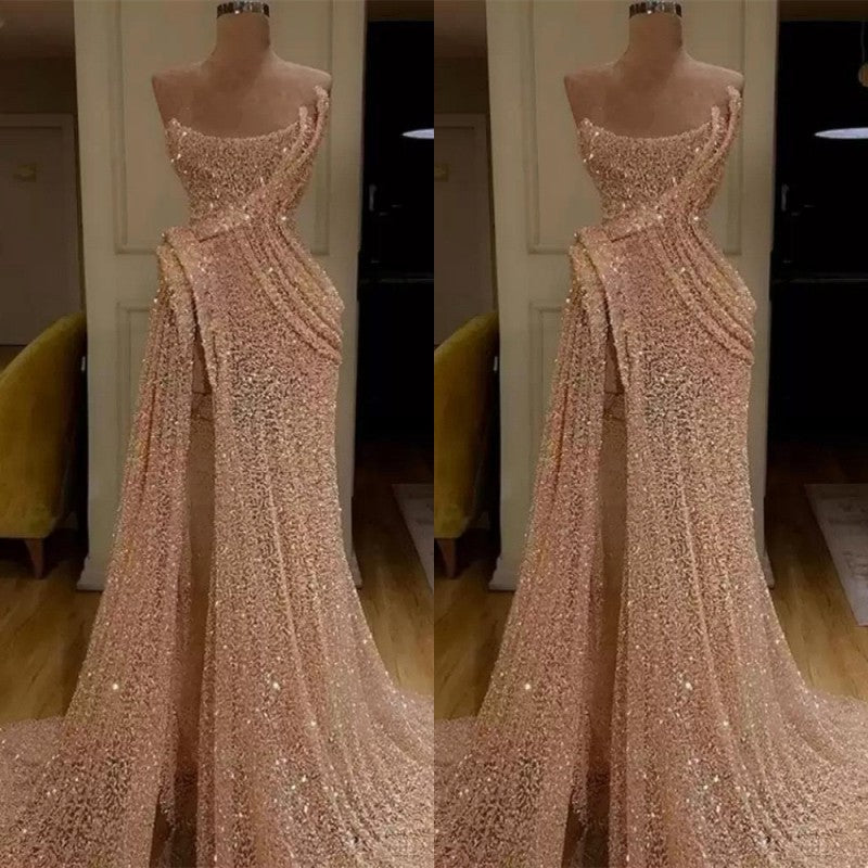 Gorgeous Strapless Sequins Prom Dress with Slit for Long Evening Party-BallBride