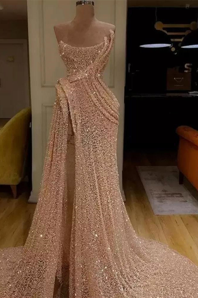 Gorgeous Strapless Sequins Prom Dress with Slit for Long Evening Party-BallBride