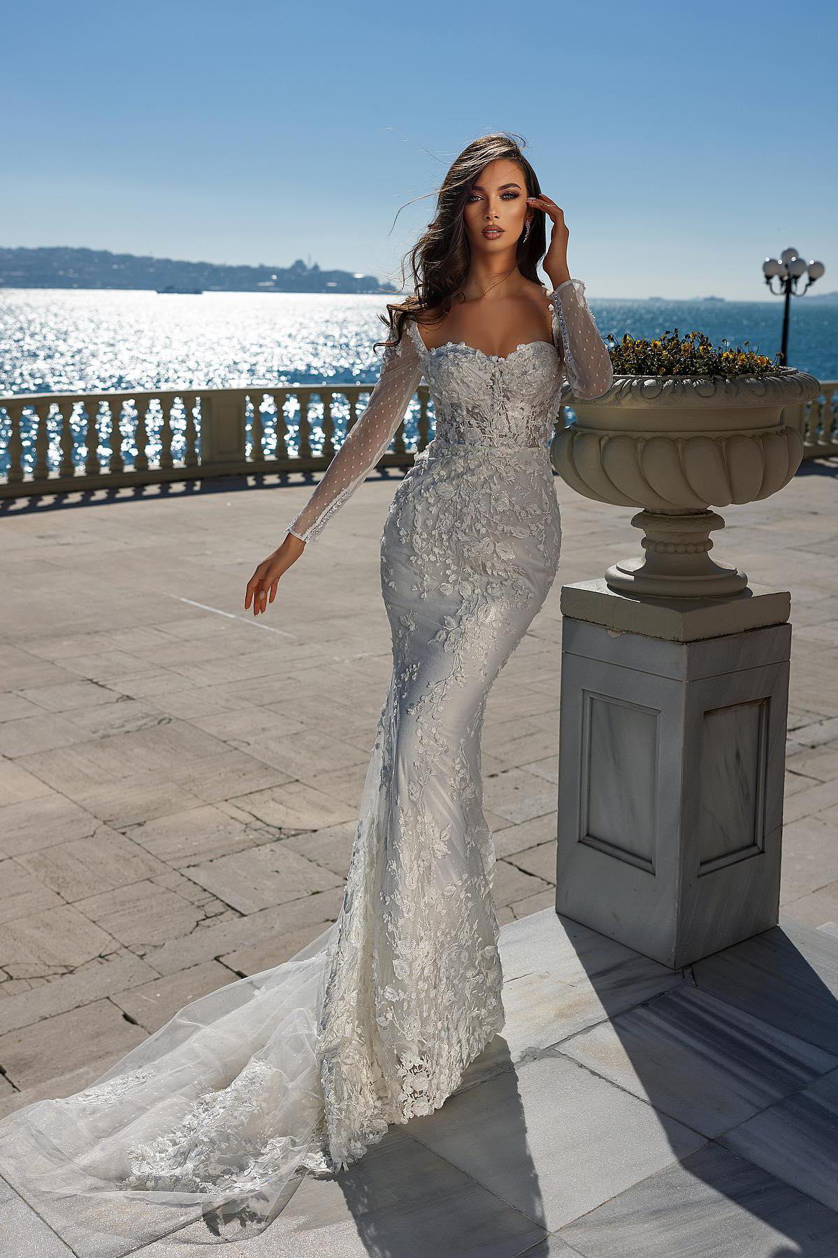 Gorgeous Sweetheart Long Sleeved Lace Mermaid Wedding Dress with Detachable Train-BallBride
