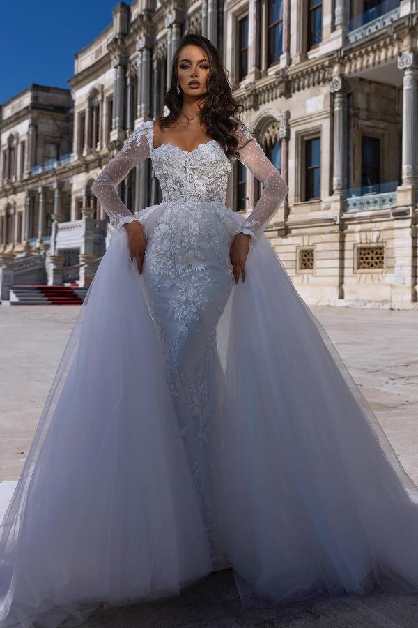 Gorgeous Sweetheart Long Sleeved Lace Mermaid Wedding Dress with Detachable Train-BallBride