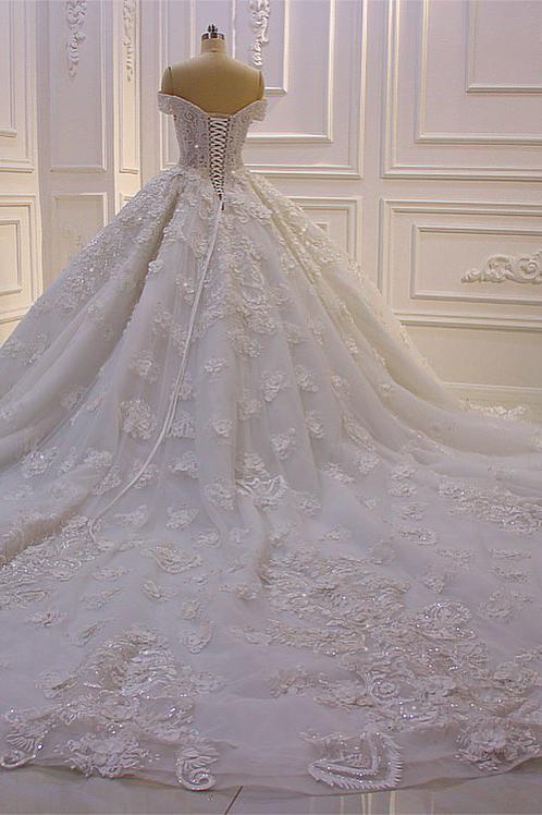 Gorgeous Sweetheart Off-the-Shoulder Backless Wedding Dress with Appliques Lace Ruffles and Tulle-BallBride