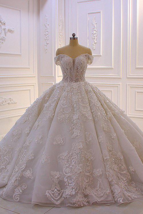 Gorgeous Sweetheart Off-the-Shoulder Backless Wedding Dress with Appliques Lace Ruffles and Tulle-BallBride