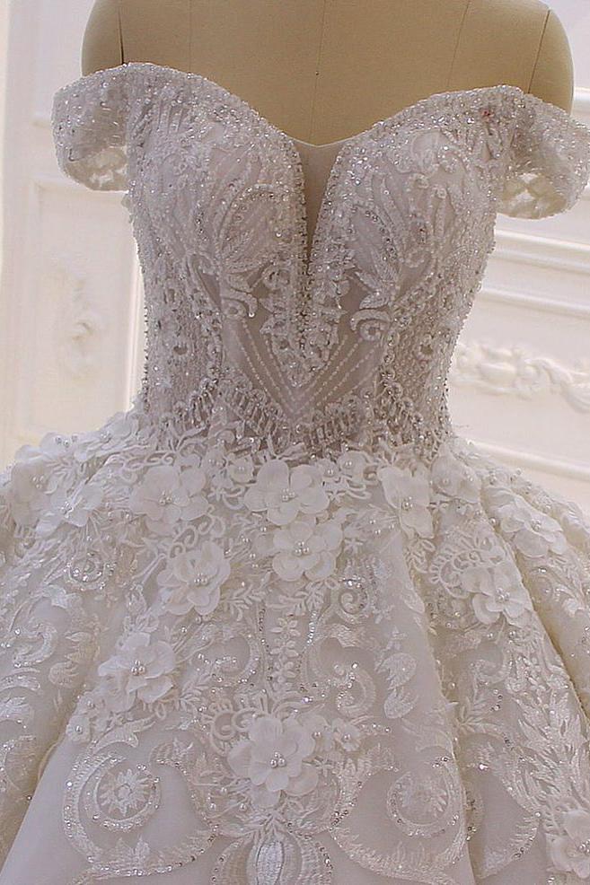 Gorgeous Sweetheart Off-the-Shoulder Backless Wedding Dress with Appliques Lace Ruffles and Tulle-BallBride