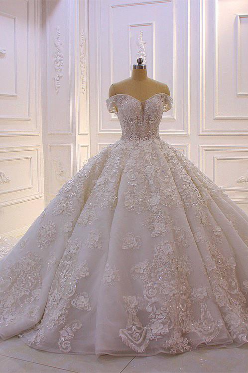 Gorgeous Sweetheart Off-the-Shoulder Backless Wedding Dress with Appliques Lace Ruffles and Tulle-BallBride