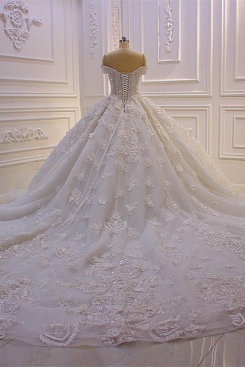 Gorgeous Sweetheart Off-the-Shoulder Backless Wedding Dress with Appliques Lace Ruffles and Tulle-BallBride