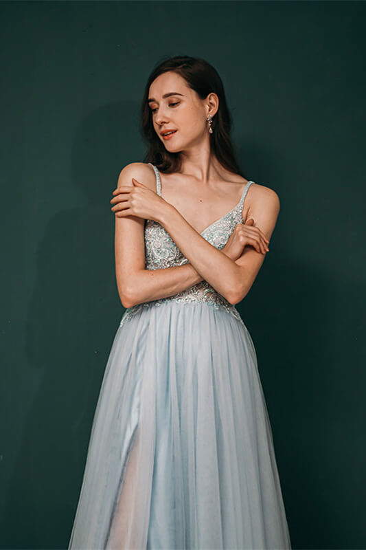 Gorgeous Tulle Evening Dress with Spaghetti-Straps & Lace Appliques-BallBride