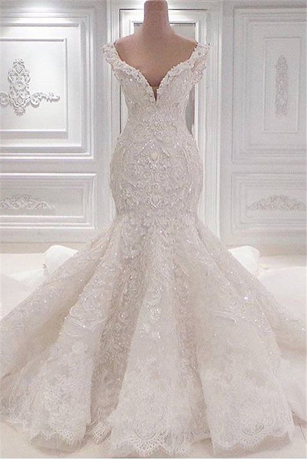 Gorgeous V-neck Ruffles Mermaid Wedding Dress With Appliques Lace-BallBride