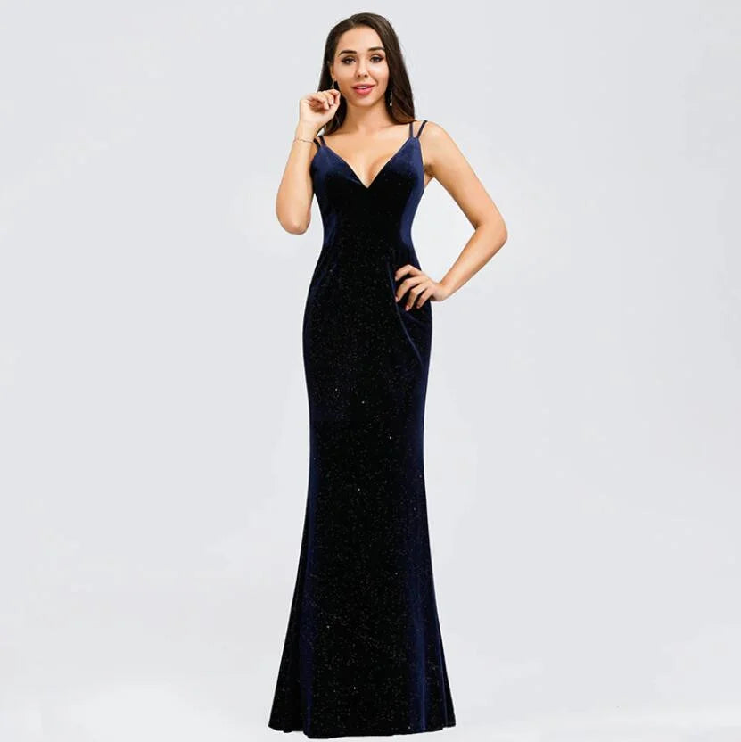 Gorgeous V-Neck Velvet Evening Gowns Mermaid Long Prom Dress-BallBride