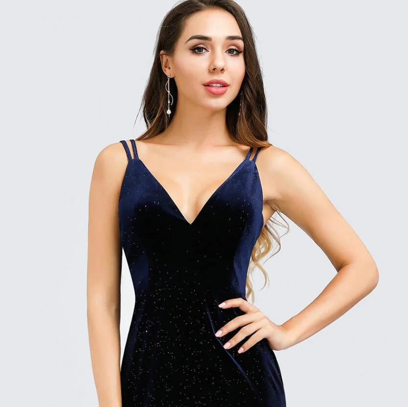 Gorgeous V-Neck Velvet Evening Gowns Mermaid Long Prom Dress-BallBride