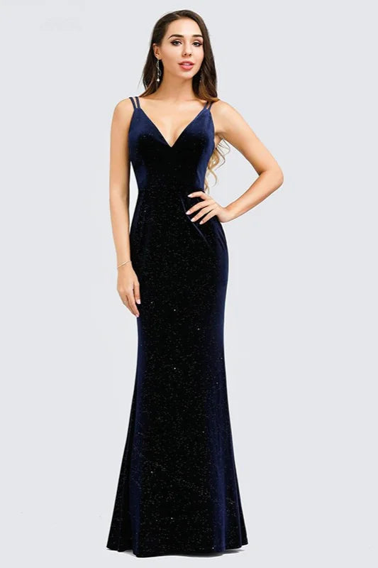 Gorgeous V-Neck Velvet Evening Gowns Mermaid Long Prom Dress-BallBride