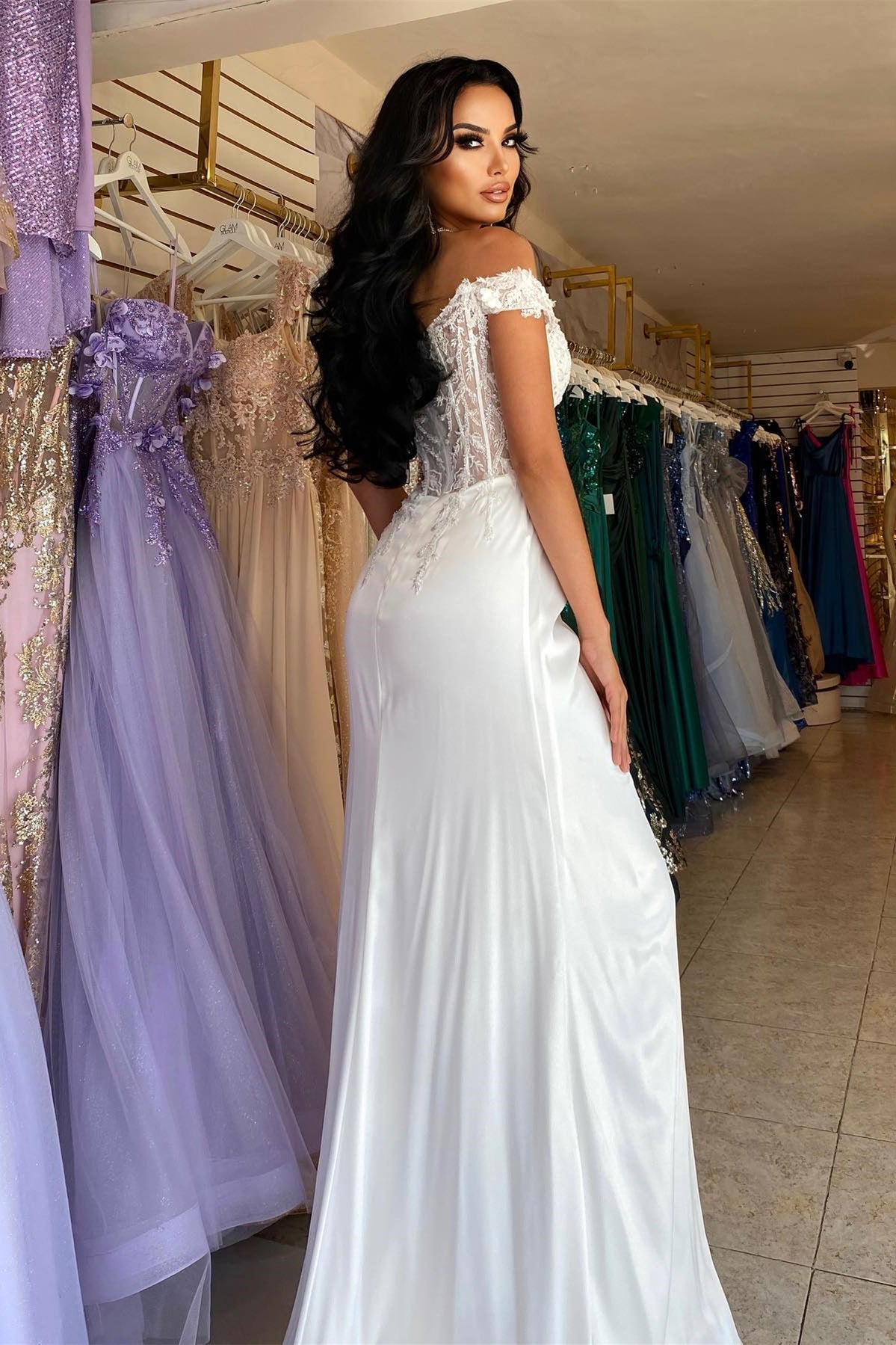 Gorgeous White Off-The-Shoulder Sweetheart Evening Dress with Appliques and High Split-BallBride