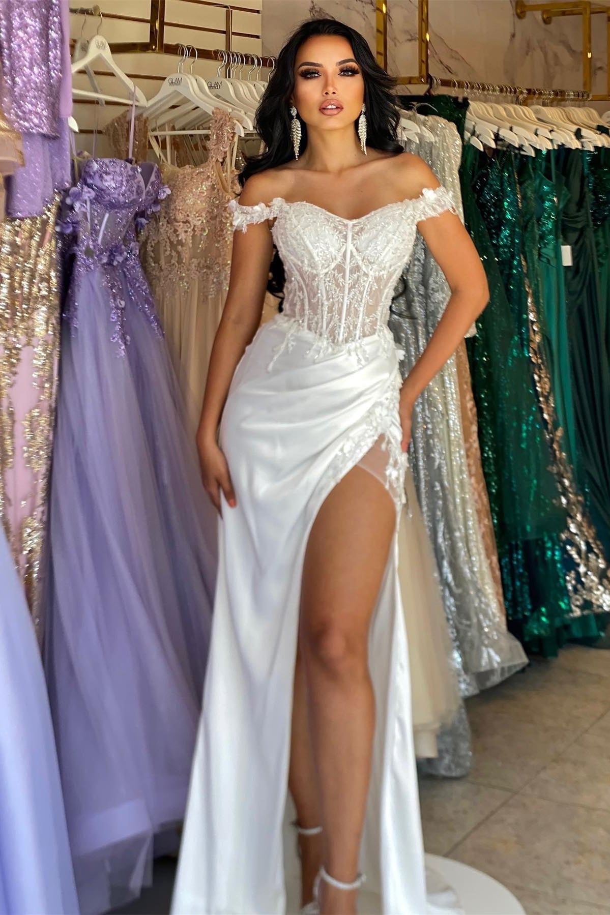 Gorgeous White Off-The-Shoulder Sweetheart Evening Dress with Appliques and High Split-BallBride