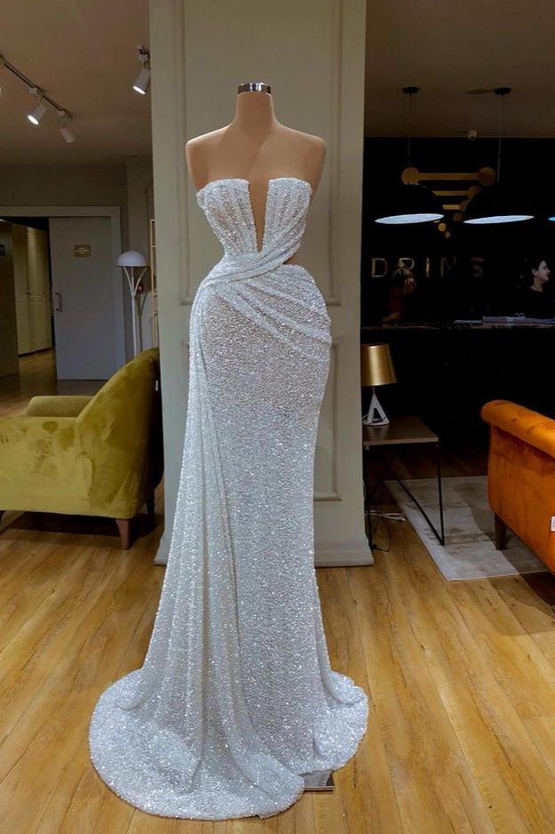 Gorgeous White Strapless Sequins Prom Dress Online-BallBride