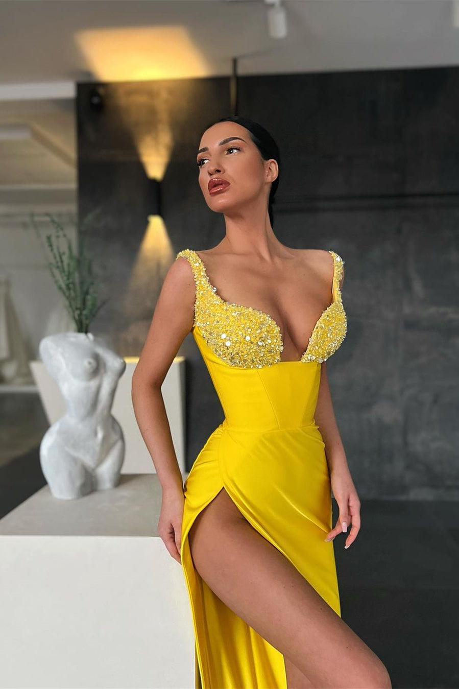 Gorgeous Yellow Sequins Mermaid Prom Dress with Slit-BallBride