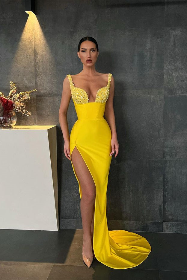 Gorgeous Yellow Sequins Mermaid Prom Dress with Slit-BallBride