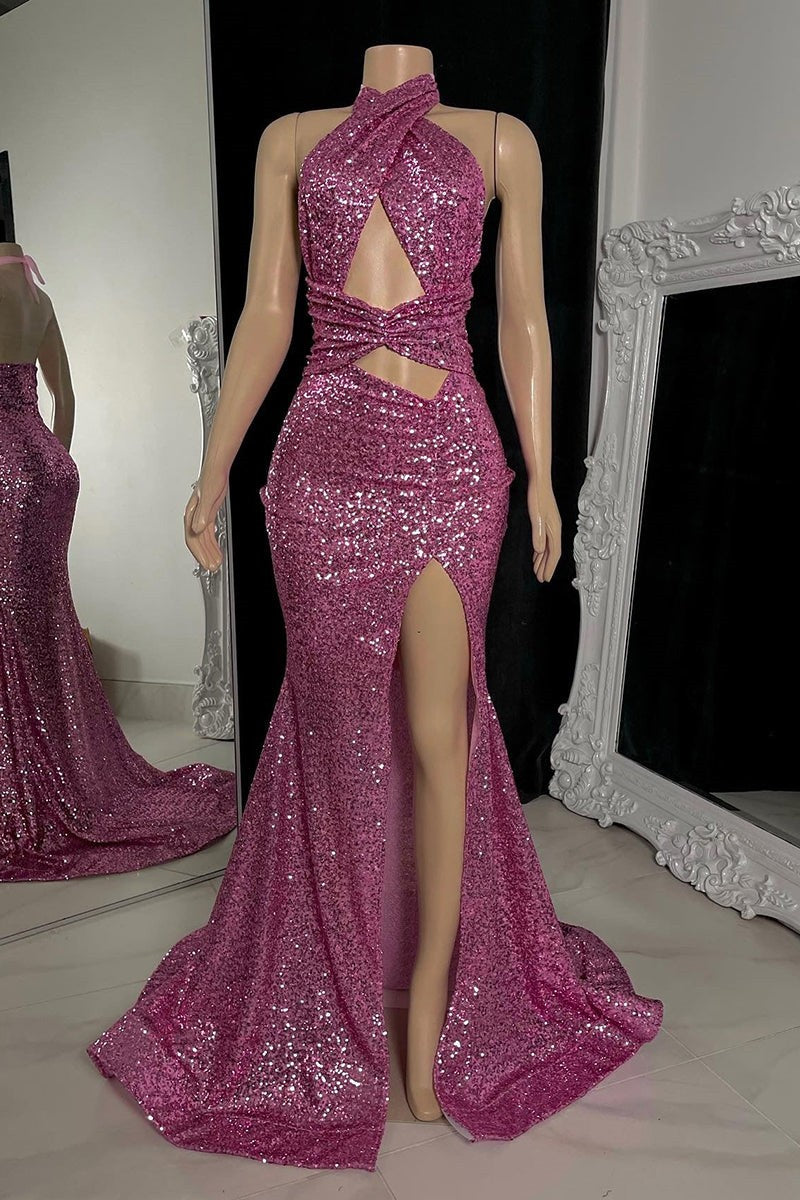 Grape Side Slit Sequins Sleeveless Mermaid Prom Dress-BallBride